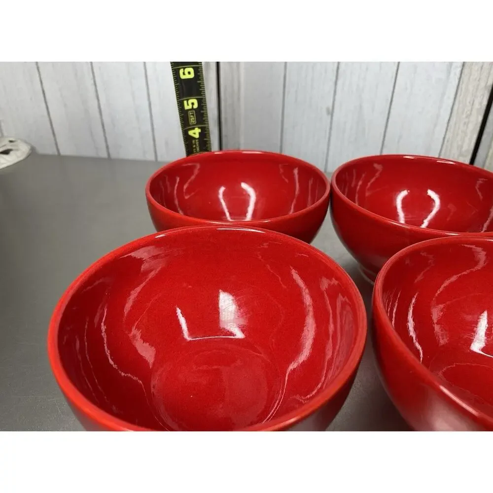 Crate&Barrel Porcelain Red Coupe 5.75in Cereal Soup Bowls Lot Of 4